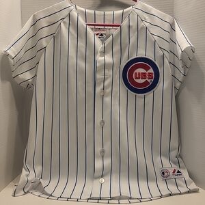 Majestic Womens Chicago Cubs Jersey, White with Blue Pinsripes, Women's Medium